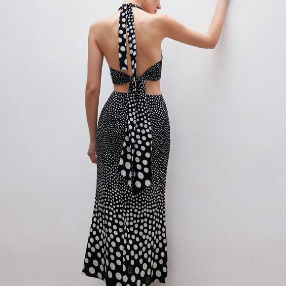 Multicolor French Romantic Women's Polka Dot Halter Asymmetrical Long Dress - Picture 2 of 6